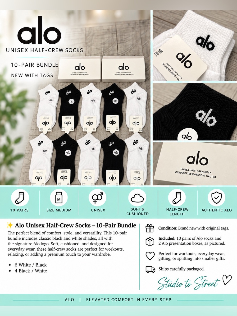 Alo Unisex Half-Crew Socks 10-Pair Bundle - Black & White (Size Medium)
